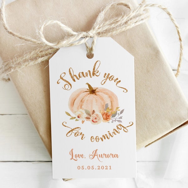 Pumpkin favor tag template. Pastel orange gold Pumpkin thank you tag template. Corjl template #p4