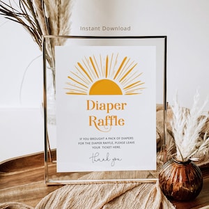 Signo de rifa de pañales de sol. Aquí viene la decoración del baby shower del hijo. Signo minimalista de rifa de pañales de sol boho. Descarga instantánea #s3
