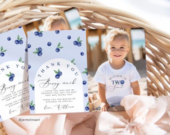 Blueberry thank you card with photo. Editable berry first birthday thank you card. Boy Berry sweet birthday thank you card #blb1