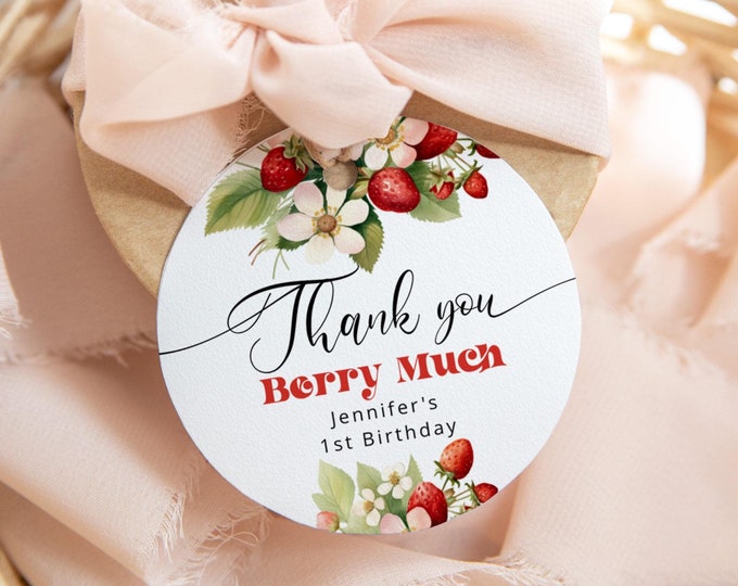 Thank you Berry much tag. Strawberry birthday sticker template. Berry stickers Template Corjl printable #ber2