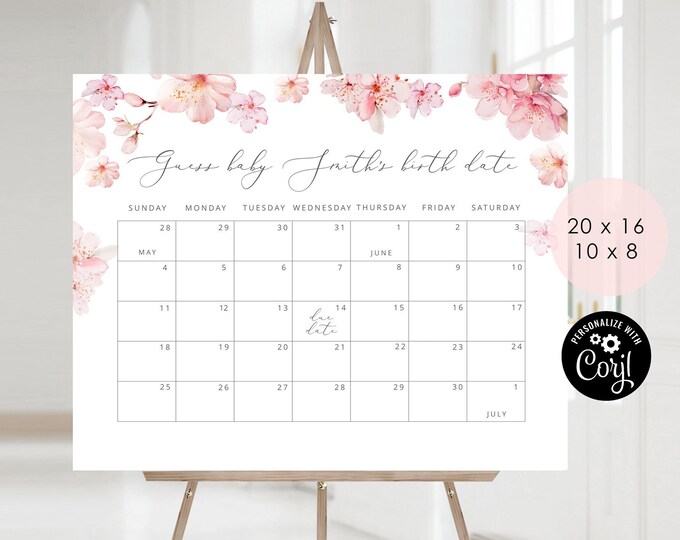 Blush pink Guess the due Date calendar. Sakura cherry blossom Guess The Baby Birthday Game. Corjl Instant download #s1