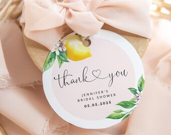 Pink Lemon baby shower sticker template. Elegant citrus round favor tag template. Lemon Circle Sticker Template Corjl printable #lem2