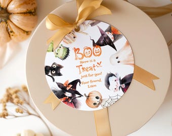 Boo Here is a treat just for you Halloween party round sticker tag template. Corjl Editable Download #hp1