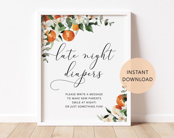 Little Cutie Late Night Diapers Sign. Little cutie Baby Shower Diapers Thoughts Game. Citrus oranges Printable Diaper Game #or2