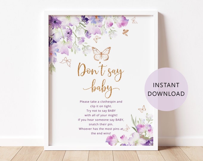 Purple butterfly Don't say baby game sign. Butterfly kisses baby shower decor. Purple Don't say baby game. Instant Download #06