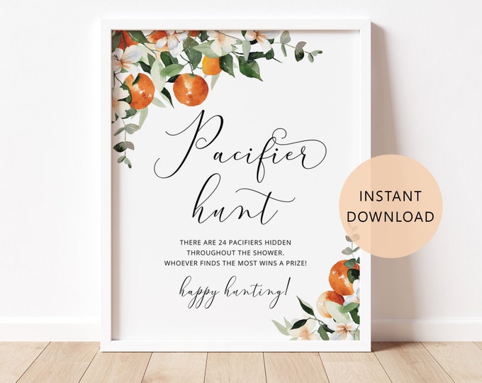 Pacifier Hunt Sign, Orange Pacifier hunt Sign. Orange Baby Shower Game. Citrus Find The Pacifier Game Printable. Instant Download #or2