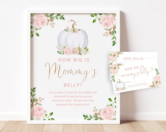 Blush pumpkin How Big is Mommy's Belly Game. Blush pink gold pumpkin baby shower games. Belly Guessing Game. Instant Download #p3