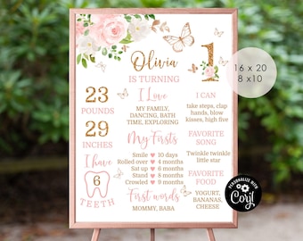 Butterfly Milestones Birthday board. Blush gold butterfly First Birthday Milestone poster. Corjl editable template #05