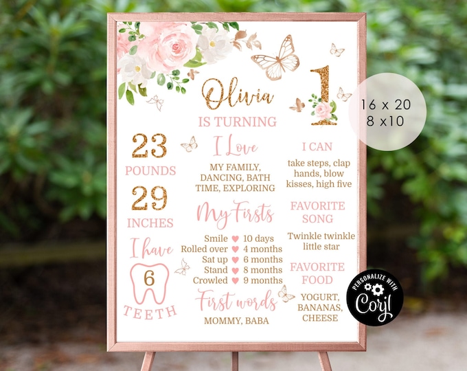 Butterfly Milestones Birthday board. Blush gold butterfly First Birthday Milestone poster. Corjl editable template #05
