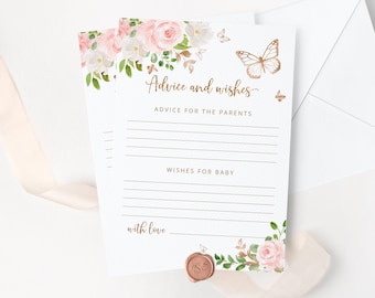 Butterfly Advice and wishes for the parents to be. Blush pink gold butterfly advice card Instant download #05