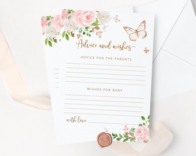 Butterfly Advice and wishes for the parents to be. Blush pink gold butterfly advice card Instant download #05