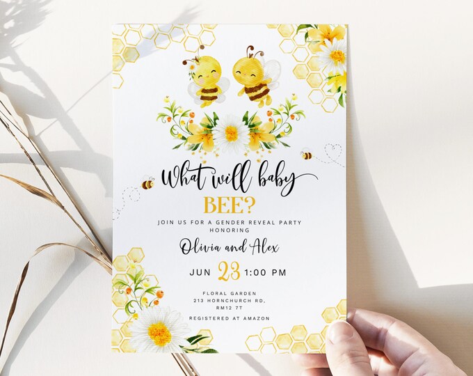Bee gender reveal invitation. What will baby bee gender reveal invitation. Bumblebee invitation, honey bee Corjl Printable #08