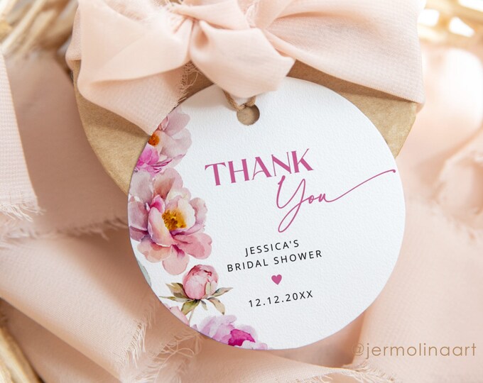Petals and prosecco sticker template. Bright pink peony round favor tag template. Hot pink thank you tag Template Corjl printable #pet1