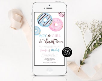 Donut gender reveal e-vite. We donut know gender reveal electronic invitation. Corjl Printable E-vite gender reveal #04