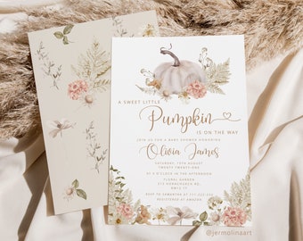 Little pumpkin Baby Shower Invitation. Boho Fall Baby Shower Invitation template. Fall pampas grass baby shower invite Corjl template #p8
