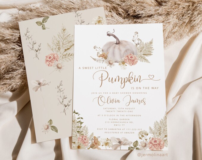 Little pumpkin Baby Shower Invitation. Boho Fall Baby Shower Invitation template. Fall pampas grass baby shower invite Corjl template #p8