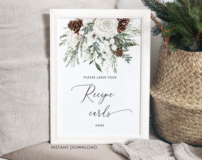 Evergreen place recipe cards sign. Elegant winterplace your recipe cards here sign. Instant Download #ev1