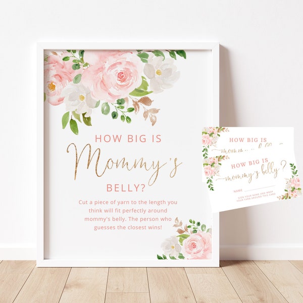 Floral How Big is Mommy's Belly Game. Blush pink gold baby shower games. Belly Guessing Game. Instant Download #fl1