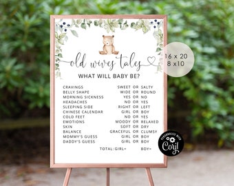 Bear Old Wives Tales Sign, Gender Reveal Decorations,  Gender Reveal Printable Party Sign, Eucalyptus He or She gender reveal games #w1