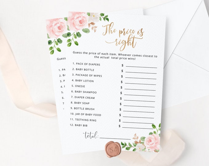 Price is Right Game. Floral guess the right price game. Blush gold Guessing Game. Pink gold baby shower games. Instant Download #fl1