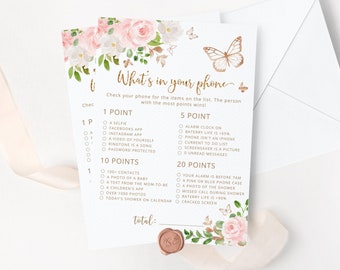 What's in Your Phone Game. Blush pink gold butterfly what's in your phone baby shower games. Butterfly Whats in Your phone #05