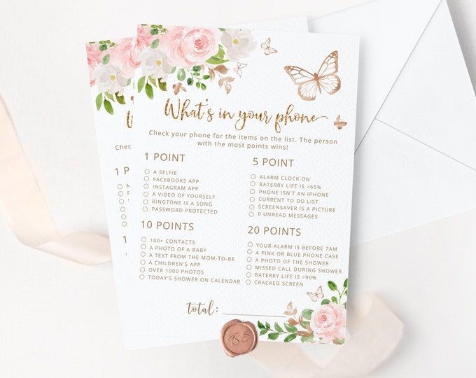 What's in Your Phone Game. Blush pink gold butterfly what's in your phone baby shower games. Butterfly Whats in Your phone #05