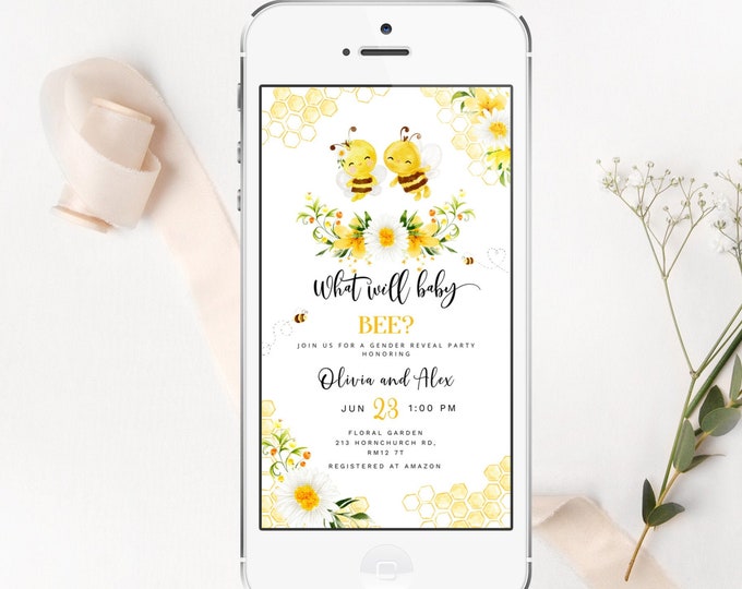 What will baby bee electronic gender reveal  Invitation. Bee gender reveal invitation. Bee e-vite gender reveal #08