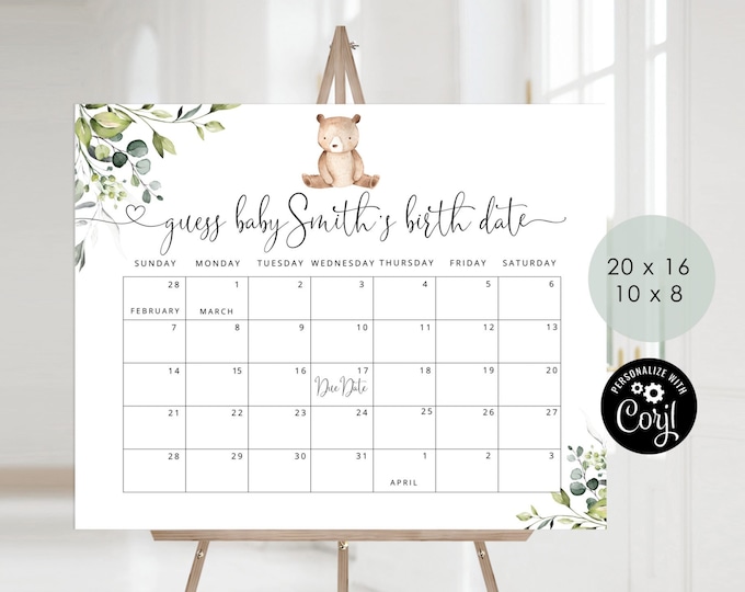 Bear Guess the due Date calendar. Eucalyptus Guess The Baby Birthday Game. We can bearly wait Baby Shower Due Date Prediction #w5