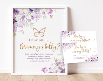 Butterfly How Big is Mommy's Belly Game. Purple gold baby shower games. Belly Guessing Game. Instant Download #06
