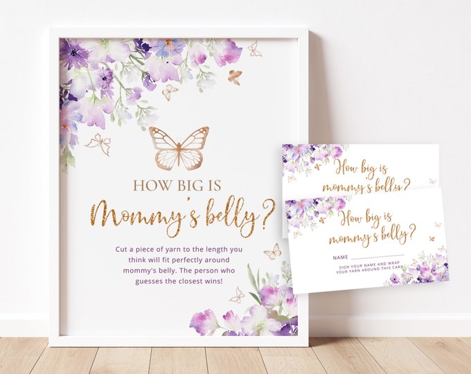 Butterfly How Big is Mommy's Belly Game. Purple gold baby shower games. Belly Guessing Game. Instant Download #06