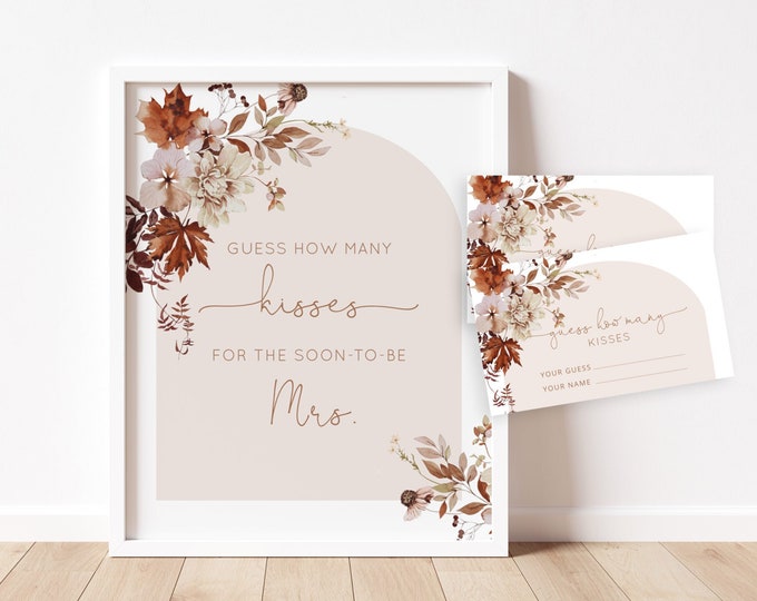 Boho fall Guess How Many Kisses game. Rustic Bridal Shower Game. Guess How Many Kisses for the Mrs Instant download #17