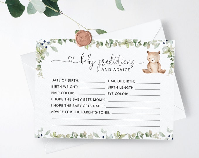 Bear Baby predictions and advice card. We can bearly wait predictions card. Woodland predictions for baby card. Instant Download #w1