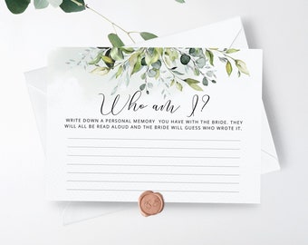 Favourite Memory With the Bride game. Greenery Who am I bridal shower game. Greenery Bridal Shower game. Hen Bachelorette #01