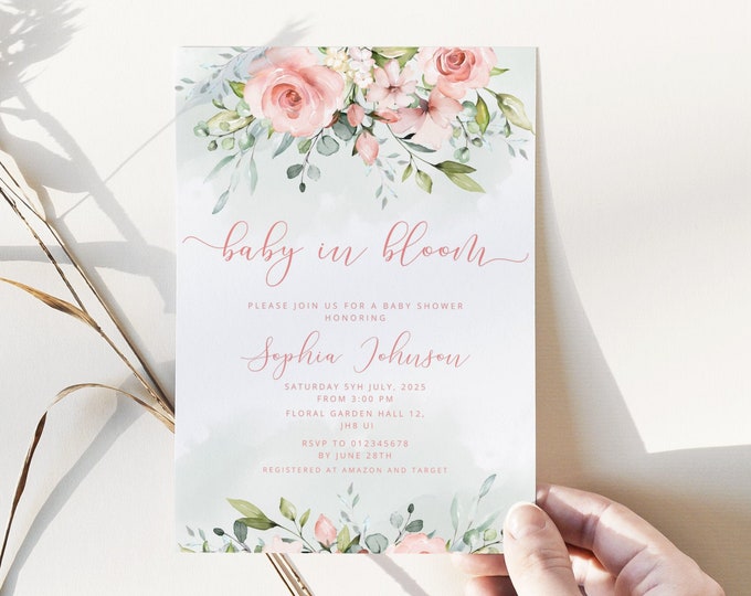Baby in bloom Baby Shower Invitation template.  Blush floral Invitation. It's a Girl baby Shower Invitation. Corjl printable template #fl2