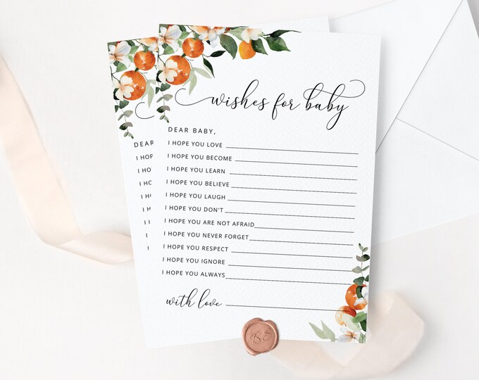 Citrus Wishes for Baby card. Little cutie wishes for baby. Printable Orange Baby Shower Game. Baby Shower Activities. Instant download #or2
