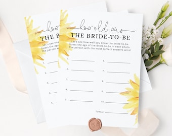 Sunflower How Old was the Bride, Guess the Brides Age bridal shower game. Sunflower Bridal Shower Games Instant Download #sun1