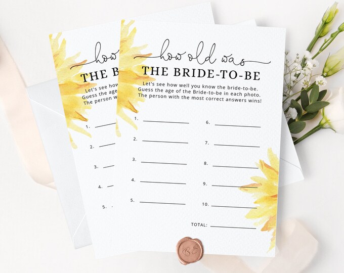 Sunflower How Old was the Bride, Guess the Brides Age bridal shower game. Sunflower Bridal Shower Games Instant Download #sun1