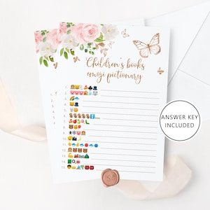 Pictionnaire d'Emoji de livre pour enfants. Butterfly Baby Shower emoji jeu de devinettes avec réponses. Téléchargement instantané #05