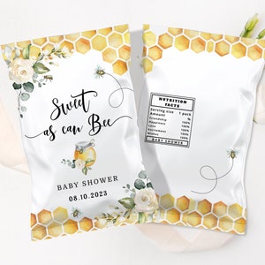 Bee chip bag template. Sweet as can bee baby shower chip bag template. Bumble bee baby shower decoration #bee