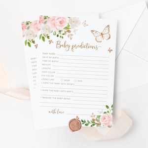 Tarjeta de predicciones de mariposa Baby shower. Tarjeta de predicciones de bebé mariposa dorada ruborizada. Juegos de baby shower con besos de mariposa. Descarga instantánea #05