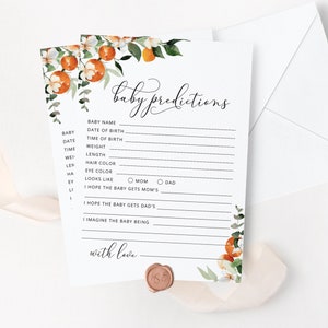 Tarjeta de predicciones de Oranges Baby. Tarjeta de predicciones de Citrus Baby. Pequeños juegos lindos para baby shower. Tarjeta de predicciones de cítricos #or2