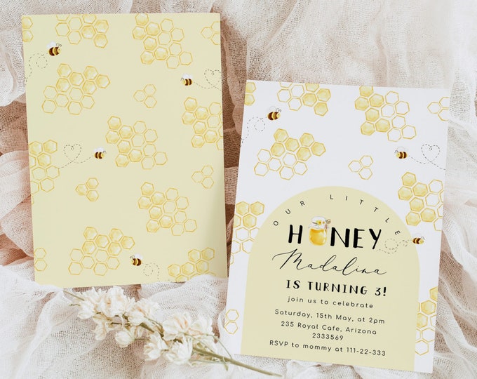 Little honey Birthday invitation template. Minimalist bumble bee birthday invitation. Editable Bumble bee birthday invitation #be1