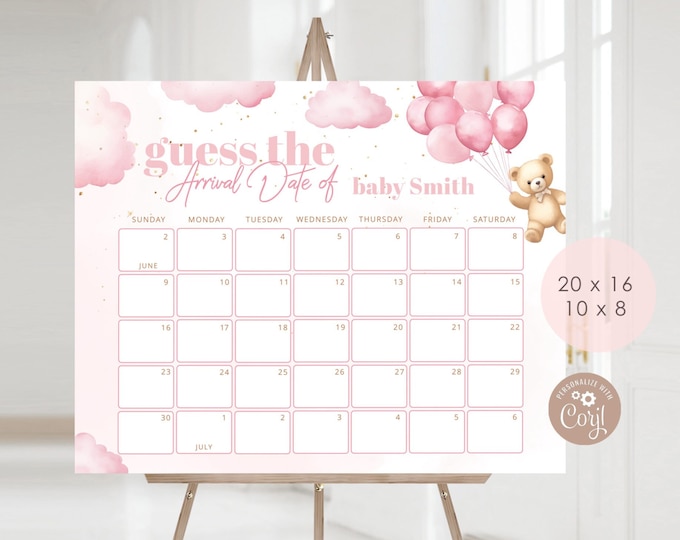 Pink teddy bear Guess the due Date calendar. Pink balloons Guess The Baby Birthday Game. We can bearly wait Due Date Prediction #p12