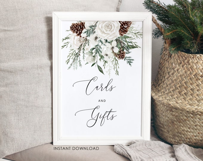 Winter Cards and Gifts printable sign. Evergreen Cards & Gifts Sign. Snowy pine cone Cards and gifts. Instant Download #ev1