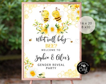Gender Reveal welcome sign. Bee gender reveal welcome sign. What will baby bee gender reveal Corjl Printable. Instant Download #08