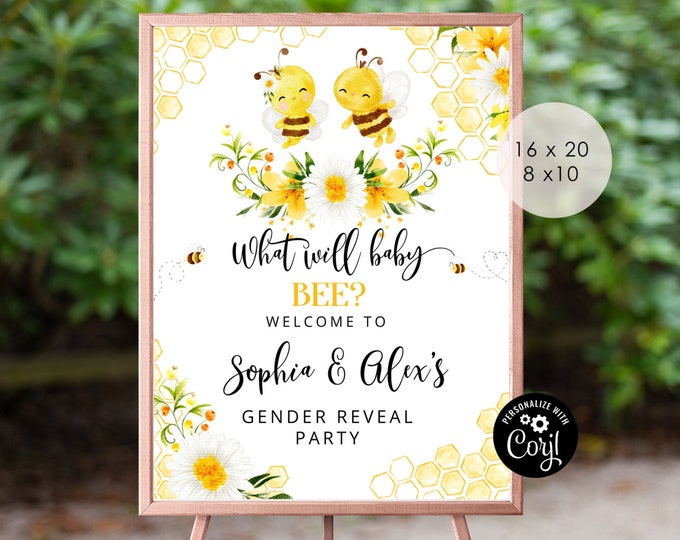 Gender Reveal welcome sign. Bee gender reveal welcome sign. What will baby bee gender reveal Corjl Printable. Instant Download #08