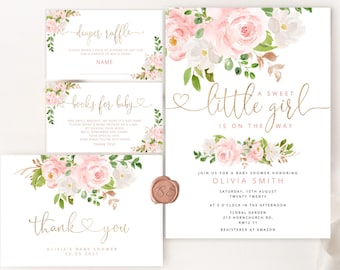 Blush Pink Baby Shower Invitation template. Girl blush pink baby shower bundle. Floral girl Baby Shower Invitation set. #fl1