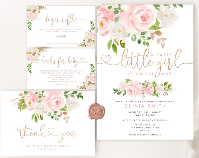 Blush Pink Baby Shower Invitation template. Girl blush pink baby shower bundle. Floral girl Baby Shower Invitation set. #fl1
