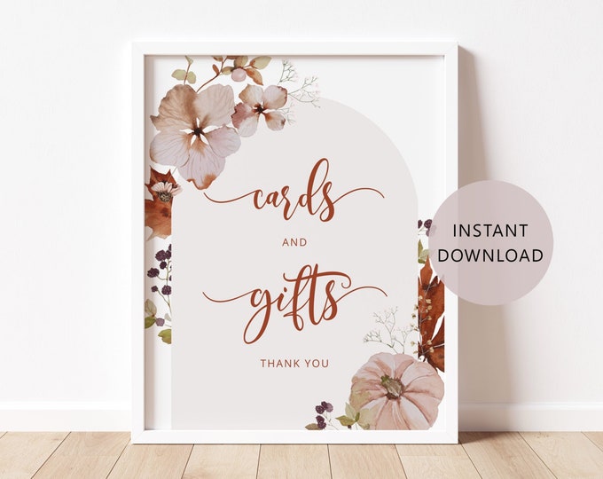 Boho pumpkin Cards and Gifts Sign in 2 Sizes. Fall Cards & Gifts Sign. Rustic arch baby shower cards and gifts sign. Instant Download #p5
