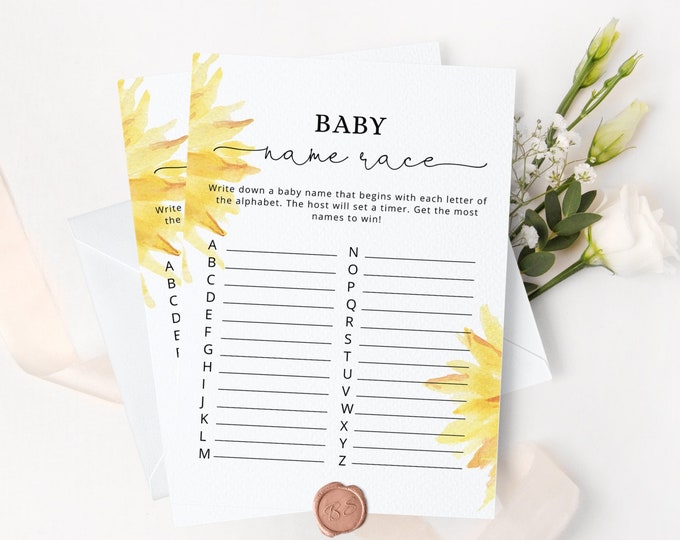 Sunflower Baby name race Baby Shower Game. Minimalist gender neutral  baby name race game. Sunflower guessing game Instant Download #sun1